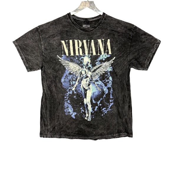 Nirvana Band Tee‎ Mens XL Grey Acid Wash Graphic T-Shirt Angel Retro 90s NWOT - Picture 1 of 8